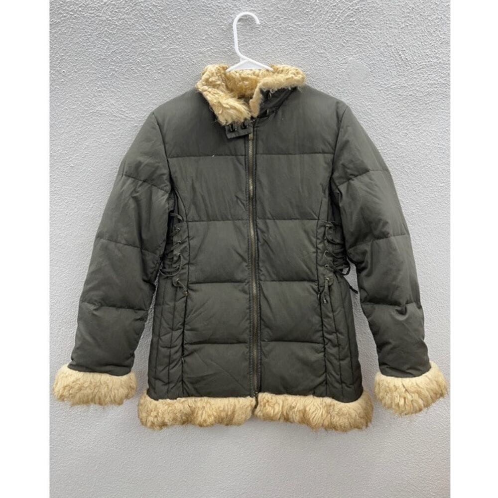 Girls Express Jacket Size 12 Army Green Fur Trimmed Corset Sided Zip Up Puffer